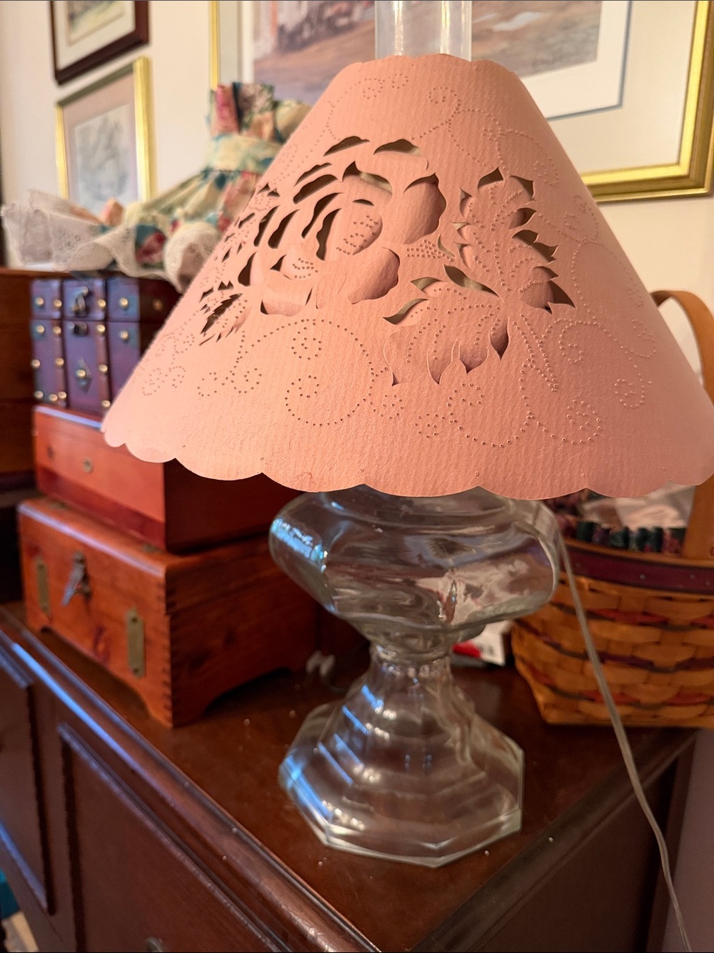 Glass Base Table Lamp with Pink Cutwork Shade - Unbranded